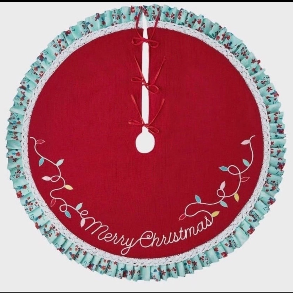Christmas Tree Skirt 4 New Pioneer Woman Merry 8 Inches Red Knit Polyester Retro